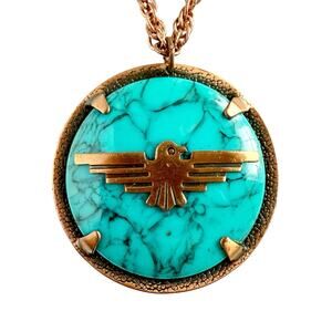 Vintage Bell Trading Post Thunderbird Copper Turquoise Tone Pendant Necklace 30”